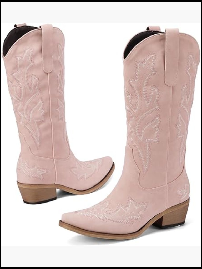 Western Cowgirl Boots Chunky Heel Pointed Toe Wide Calf Embroidery Tall Boot